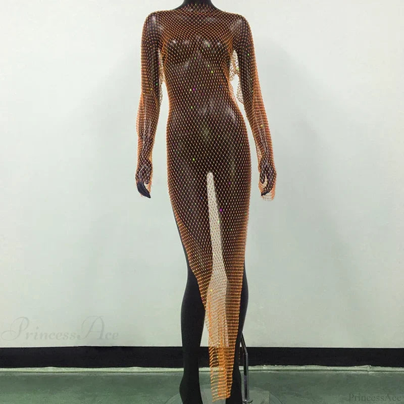 Rhinestone Fishnet Long Sleeve Party Dress Orange Split / One Size Partydress-241208