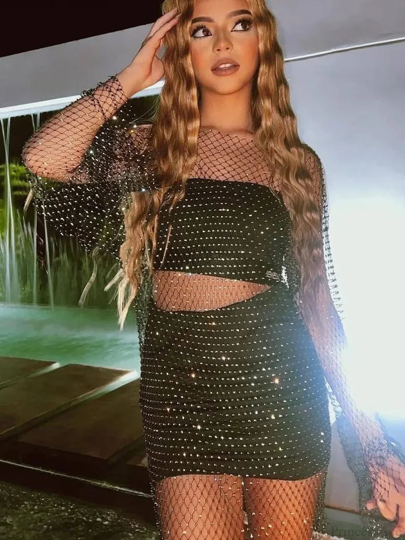 Rhinestone Fishnet Long Sleeve Party Dress Partydress-241208