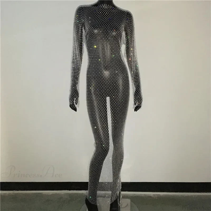 Rhinestone Fishnet Long Sleeve Party Dress White Normal / One Size Partydress-241208