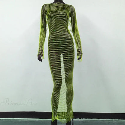 Rhinestone Fishnet Long Sleeve Party Dress Green Normal / One Size Partydress-241208