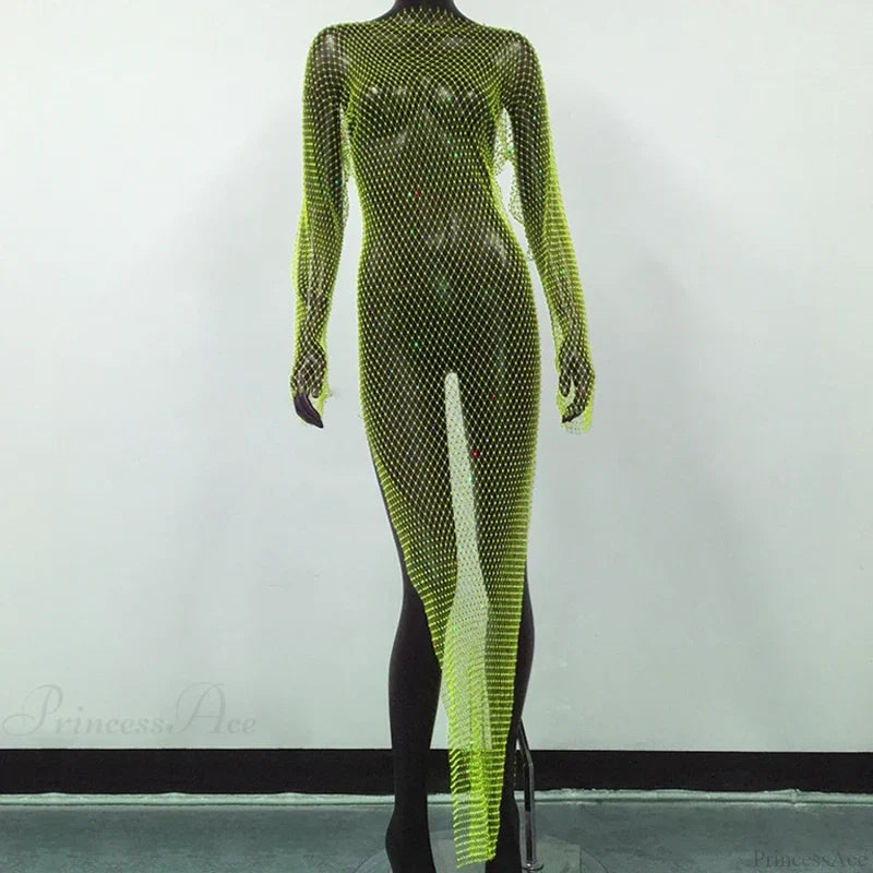 Rhinestone Fishnet Long Sleeve Party Dress Green Split / One Size Partydress-241208