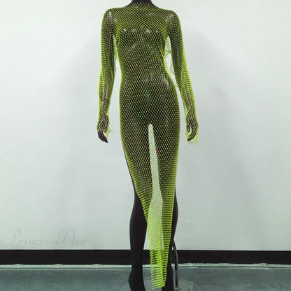 Rhinestone Fishnet Long Sleeve Party Dress Green Split / One Size Partydress-241208