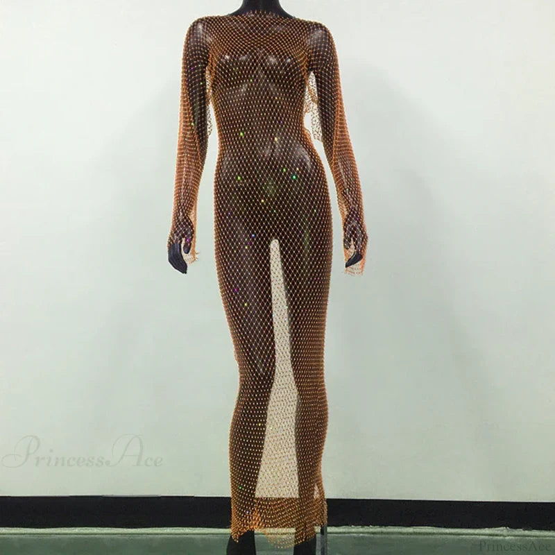 Rhinestone Fishnet Long Sleeve Party Dress Orange Normal / One Size Partydress-241208