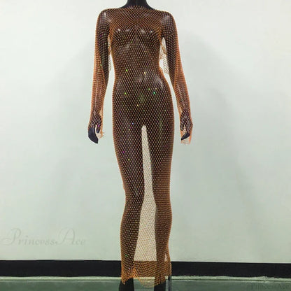 Rhinestone Fishnet Long Sleeve Party Dress Orange Normal / One Size Partydress-241208