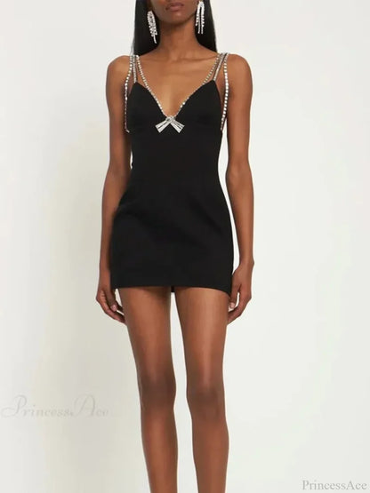 Rhinestones Deep V-Neck Party Dress Black / S Partydress-241208