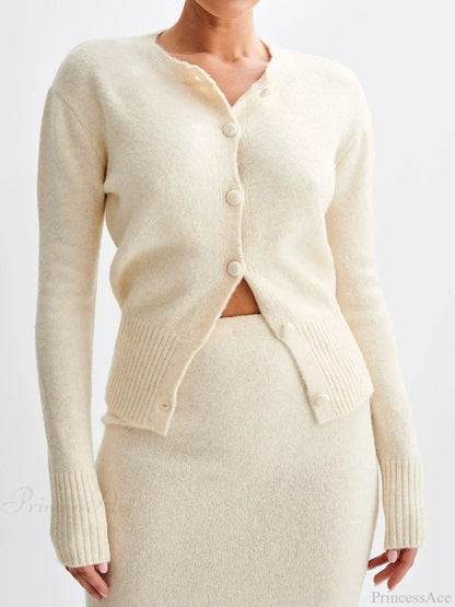 Ribbed Long Sleeve Button Cardigan Ivory / S