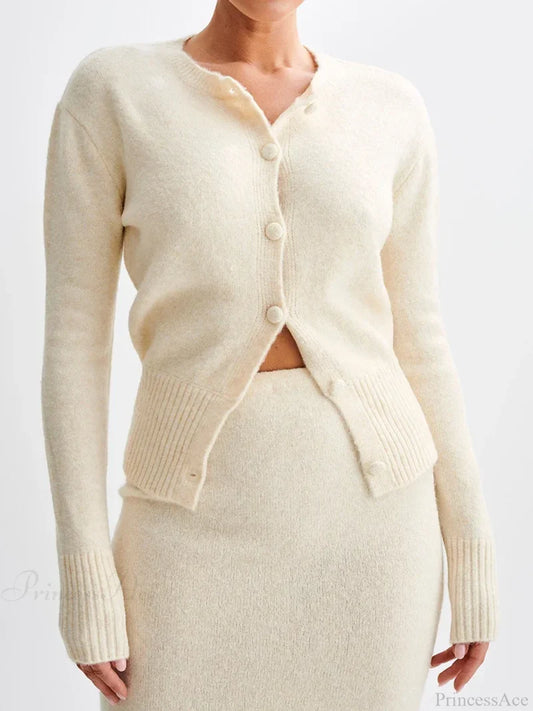 Ribbed Long Sleeve Button Cardigan Ivory / S