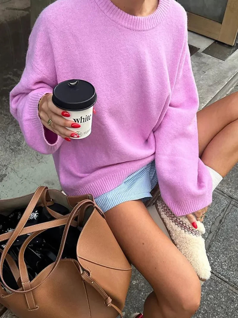 Rose Pink O - neck Lantern Sleeve Sweater