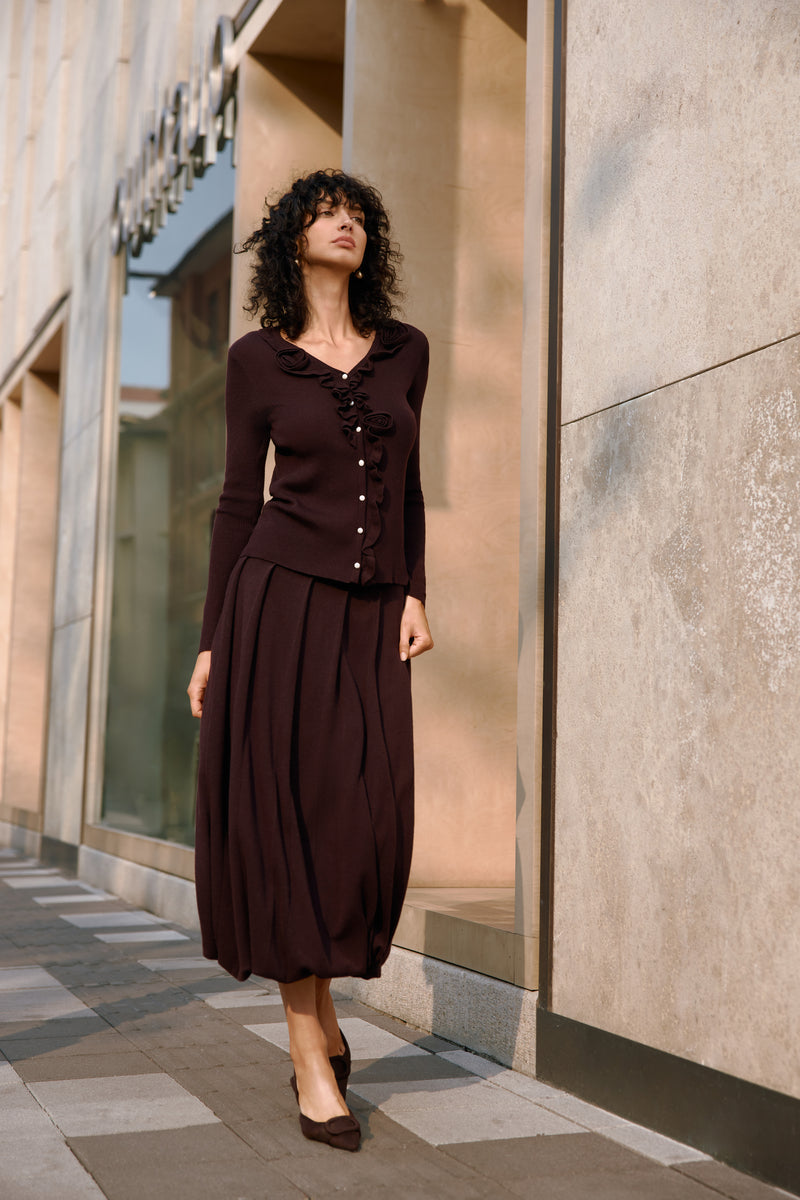 Rosette ribbed wool cardigan