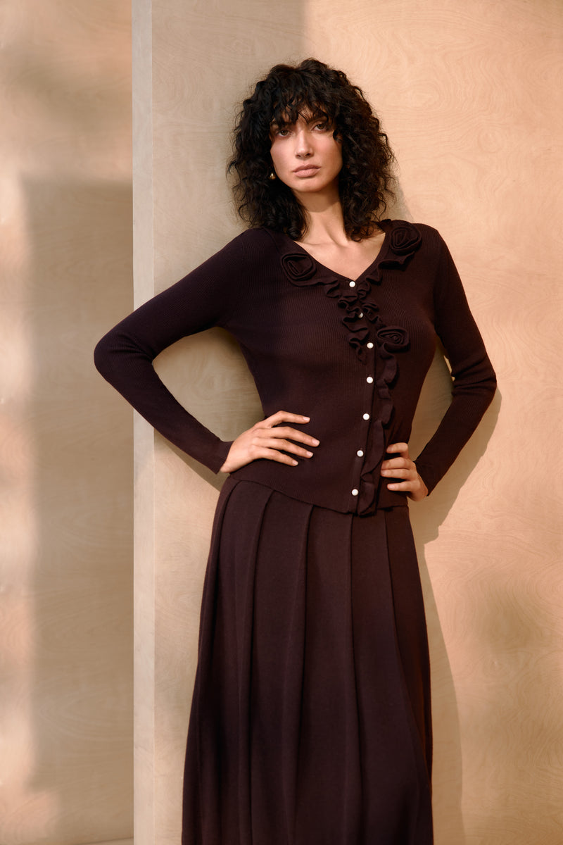 Rosette ribbed wool cardigan