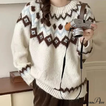 Round Neck Casual Cozy Comfortable Loose Long Sleeve Stylish Autumnal Sweater Brown / S Sweaters-L