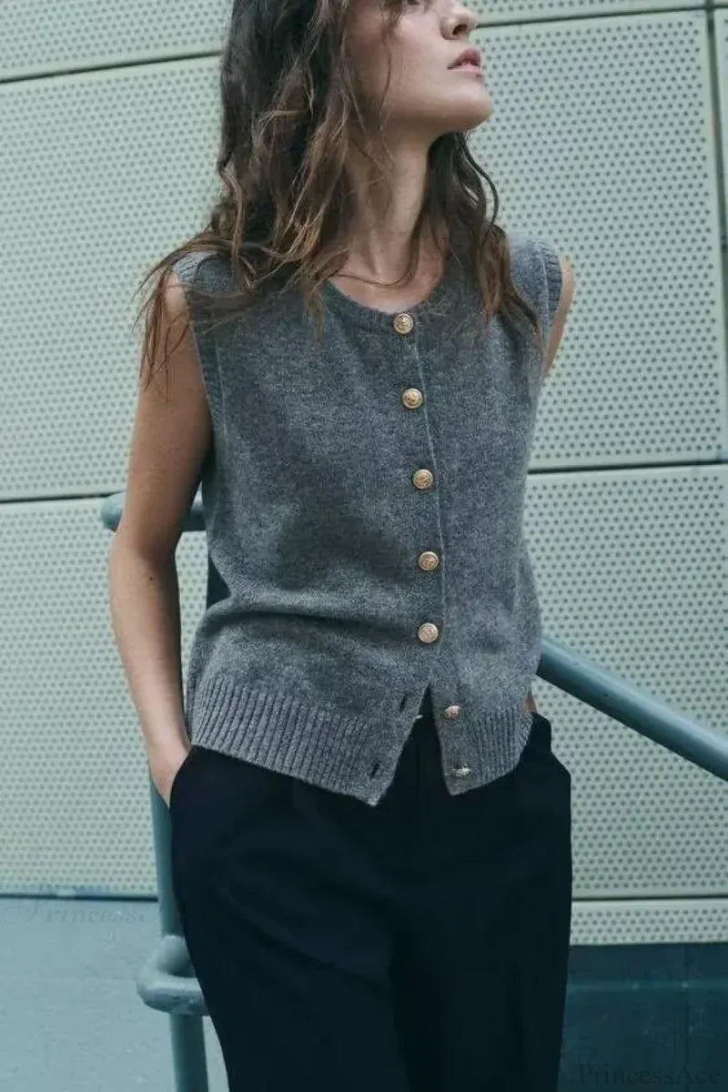 Round Neck Gold Button Sleeveless Cardigan S
