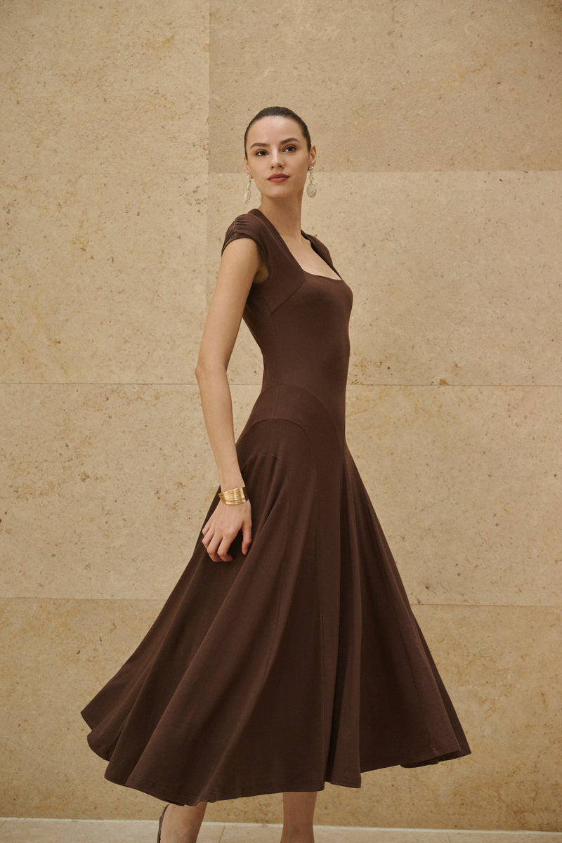 Ruched cap sleeve fit and flare dress