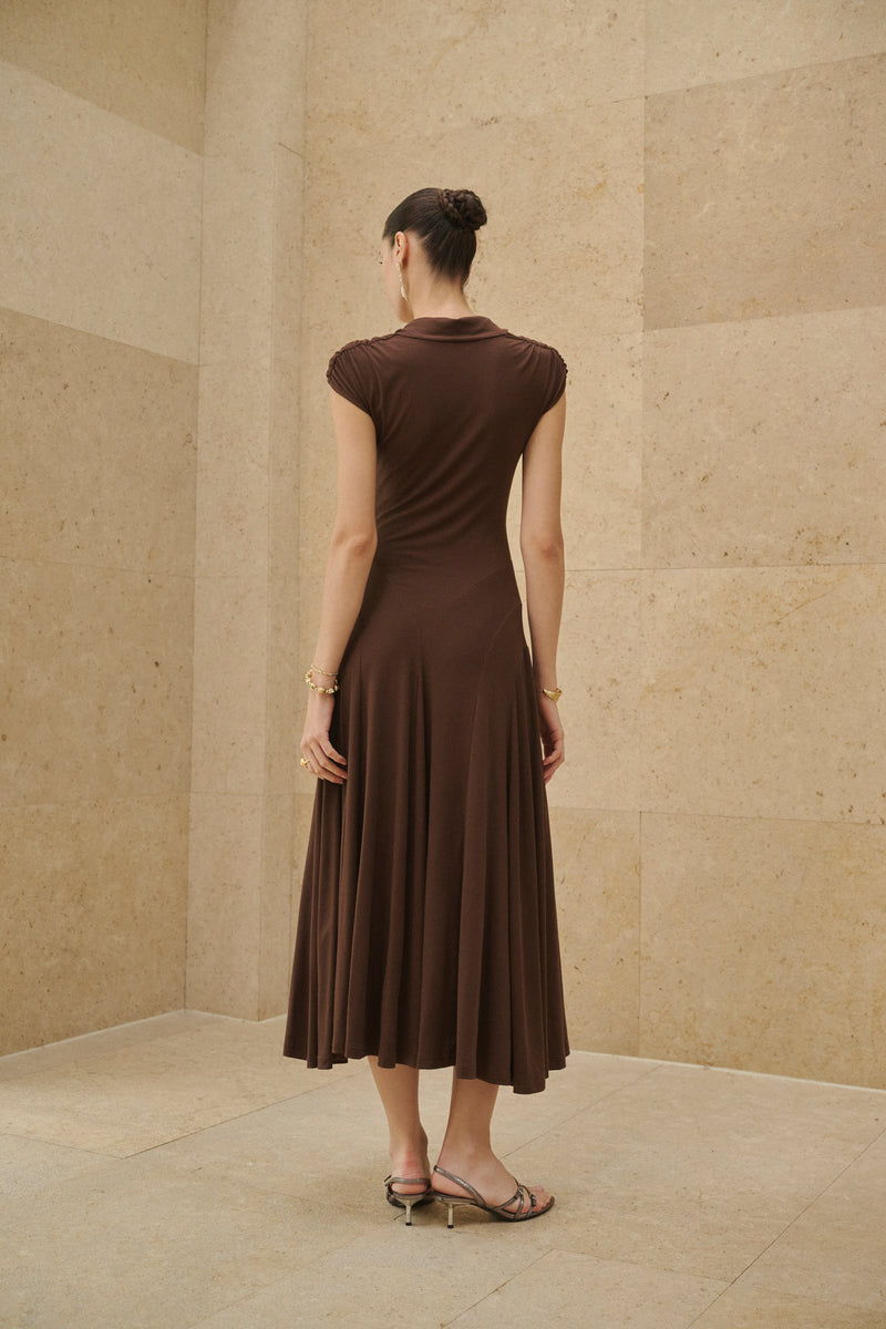 Ruched cap sleeve fit and flare dress