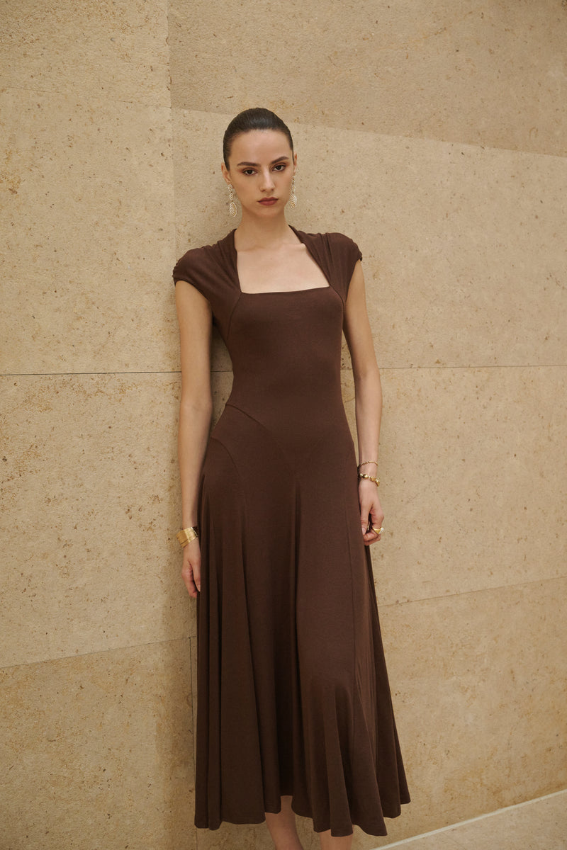 Ruched cap sleeve fit and flare dress