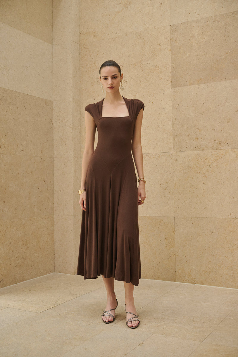 Ruched cap sleeve fit and flare dress