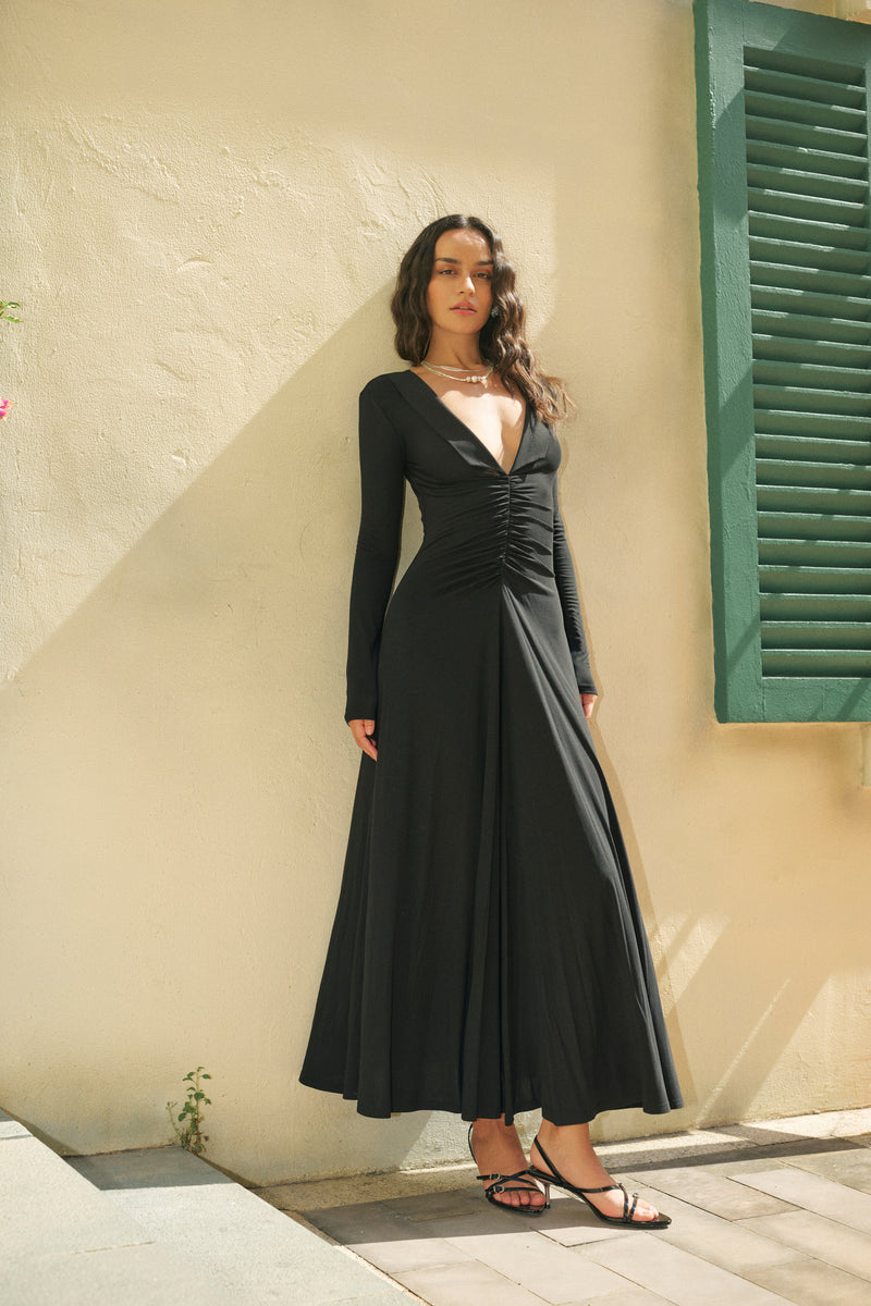 Ruched fit and flare maxi dress