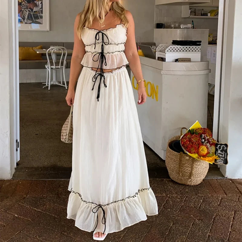Ruffles Tie-Up Crop Top A-line Maxi Skirt Two Pieces Set twopiecesset-250126
