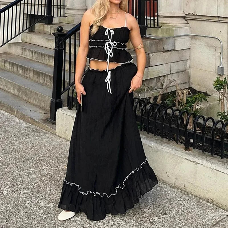 Ruffles Tie-Up Front Camis Crop Top Maxi Skirt Two Pieces Set Black / S twopiecesset-250126