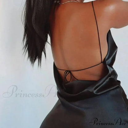 Satin Spaghetti Strap Summer Split V-Neck Elegant Sleeveless Backless Club Party Outfits Sexy