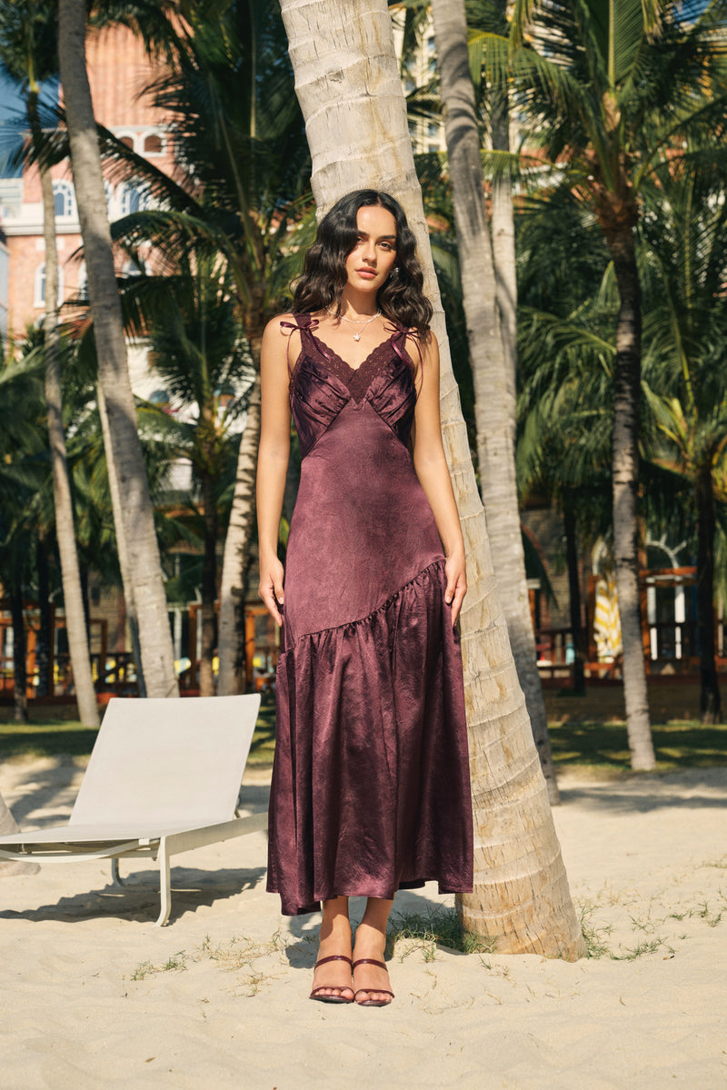 Scalloped lace bias-cut maxi dress