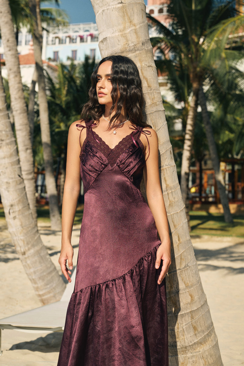 Scalloped lace bias-cut maxi dress