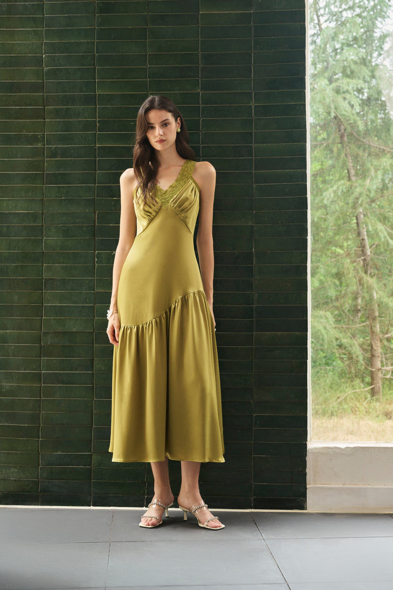 Scalloped lace bias-cut maxi dress