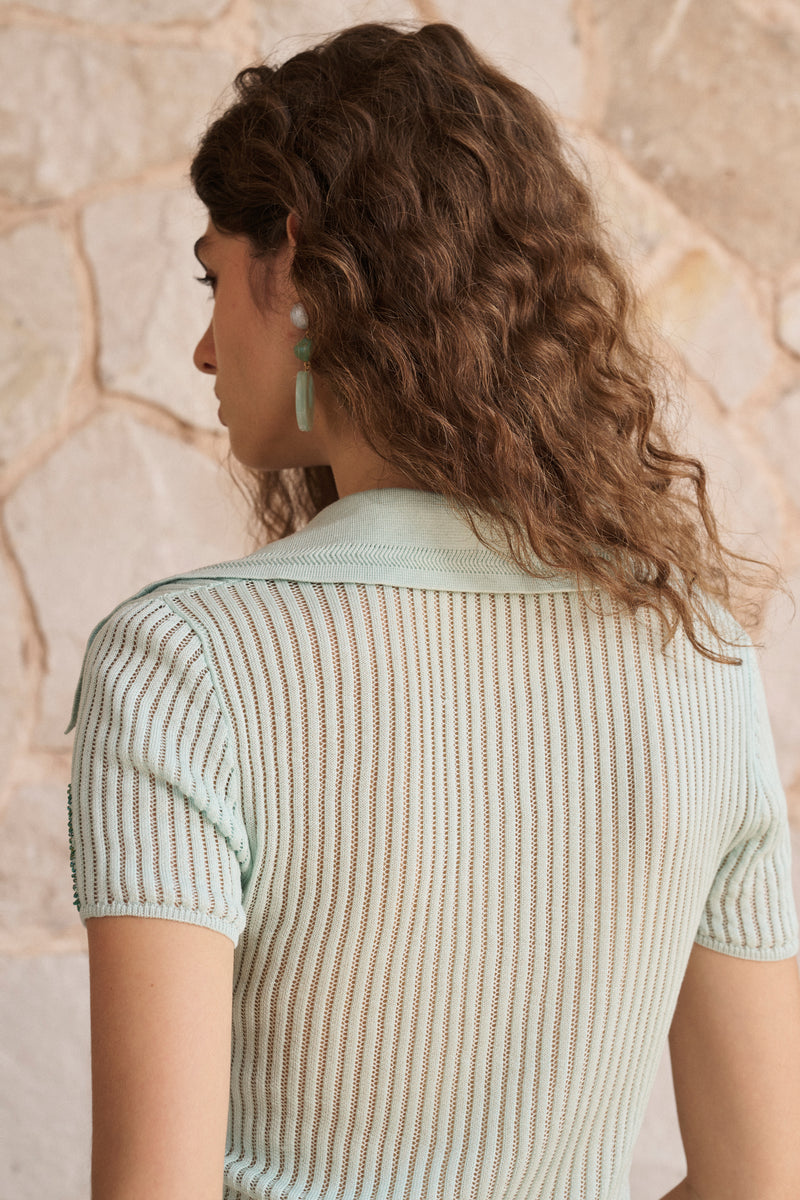 Sequin accent V-neck polo