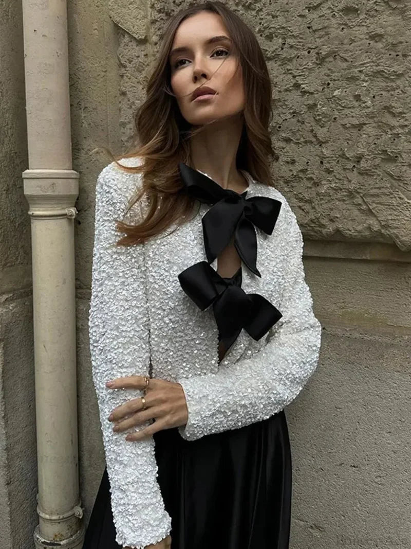 Sequin Bow Lace-Up Short Coat Coats-241208