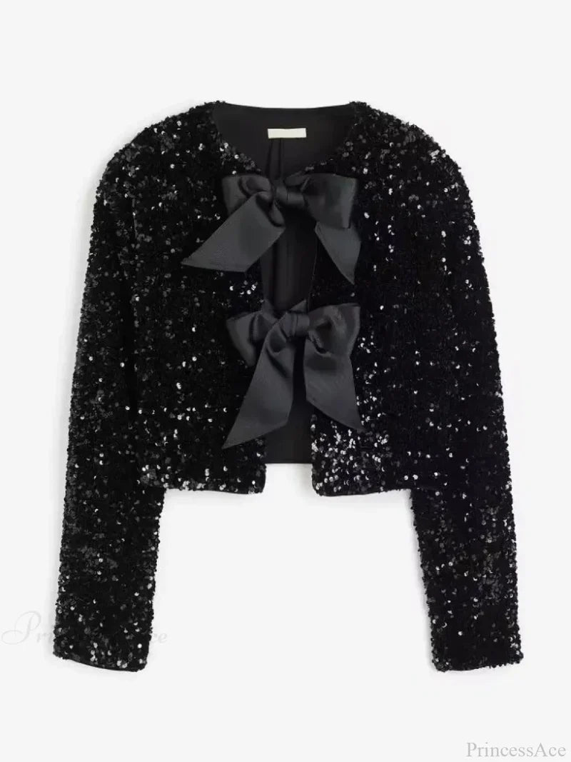 Sequin Bow Lace-Up Short Coat Black / Xs Coats-241208