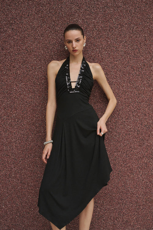 Sequin-trimmed halter asymmetrical midi dress