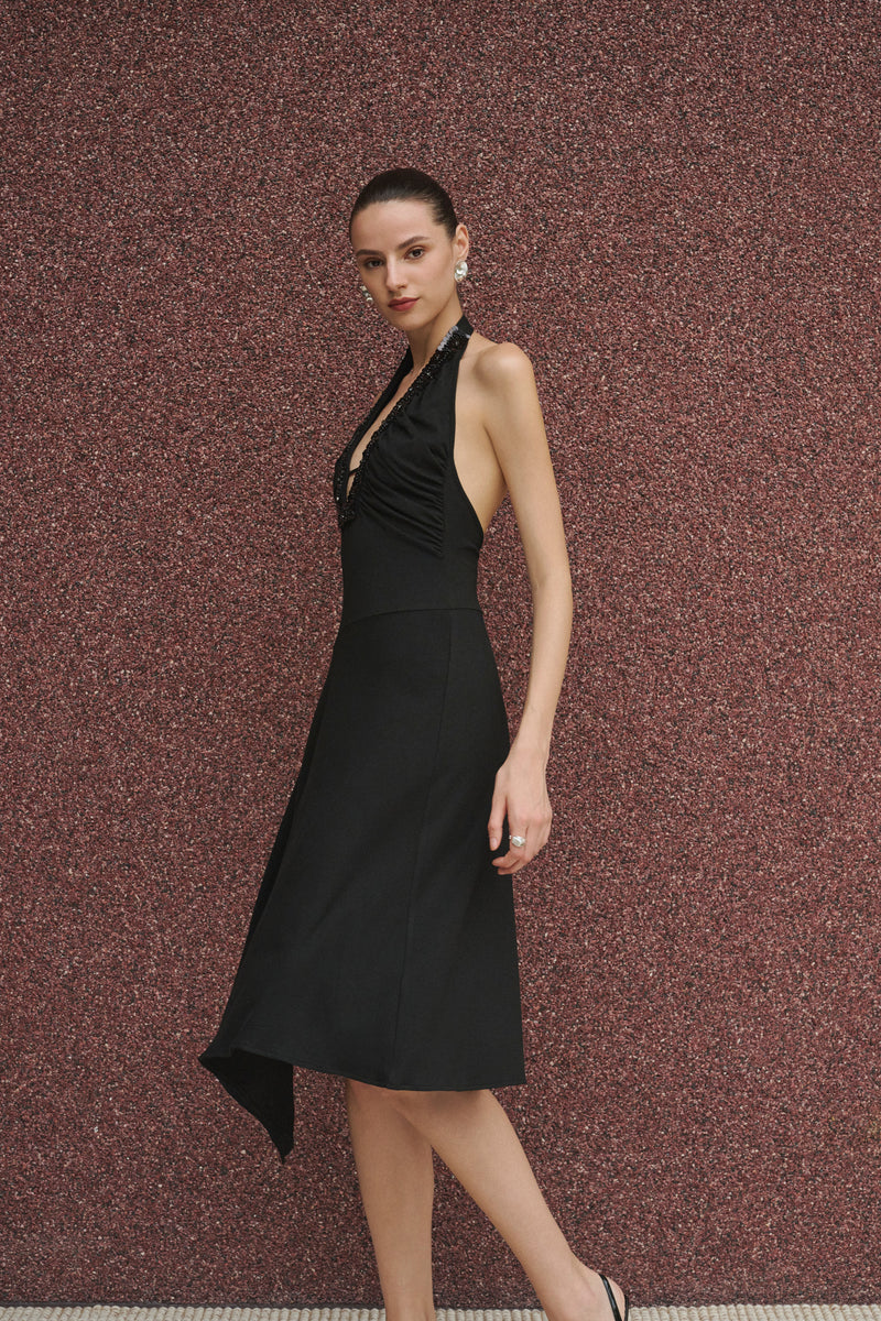 Sequin-trimmed halter asymmetrical midi dress