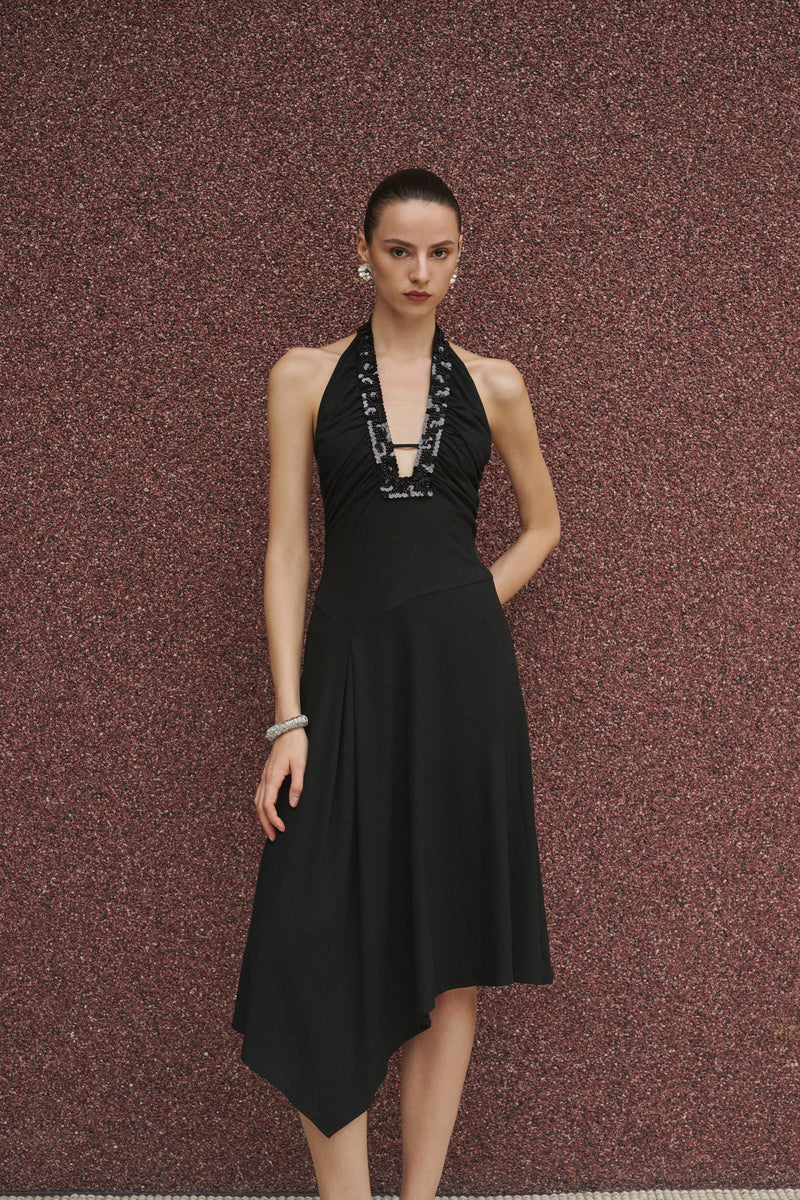 Sequin-trimmed halter asymmetrical midi dress