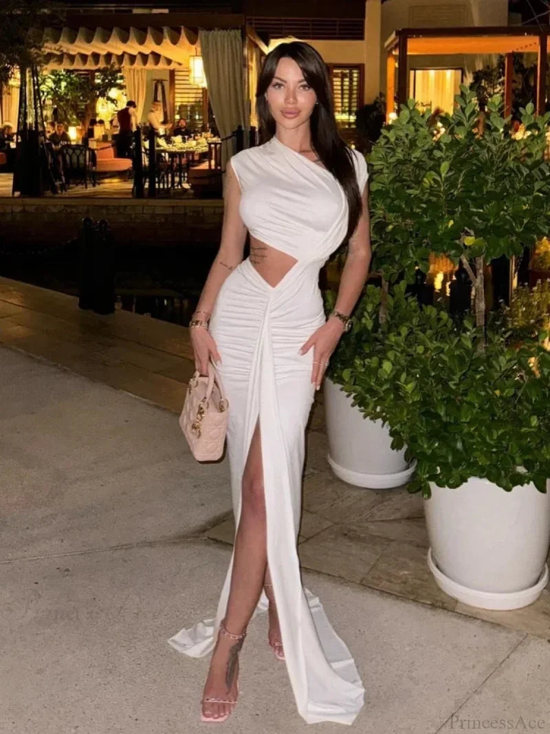 Sexy Asymmetrical Neck Hollow Out White Sleeveless Split Ruched Christmas Party Dress Dresses-L