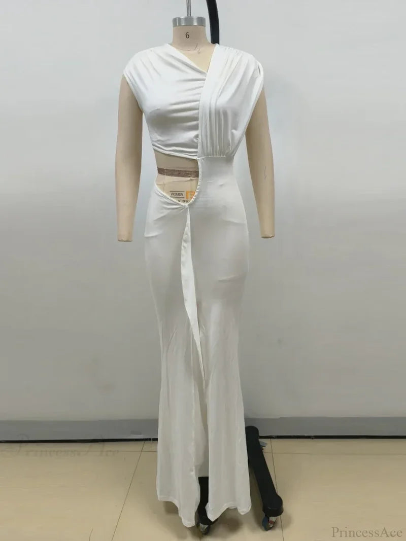 Sexy Asymmetrical Neck Hollow Out White Sleeveless Split Ruched Christmas Party Dress White / Xs