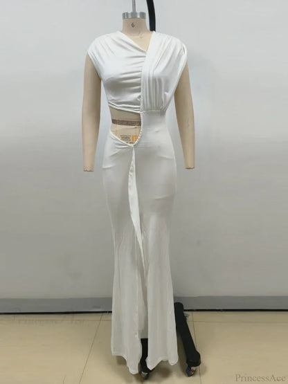 Sexy Asymmetrical Neck Hollow Out White Sleeveless Split Ruched Christmas Party Dress White / Xs