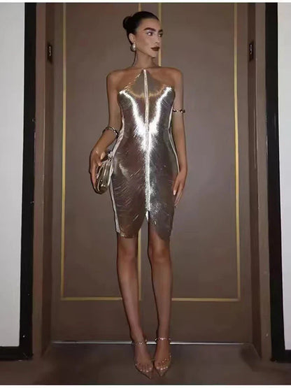 Sexy Backless Hanging Neck Tassel Mini Chic Slim Party Christmas Dress Dresses-L