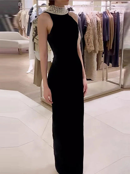 Sexy Black Velvet Halter Neck Pearl Chain Long Dress Maxi Christmas Party Dresses-L