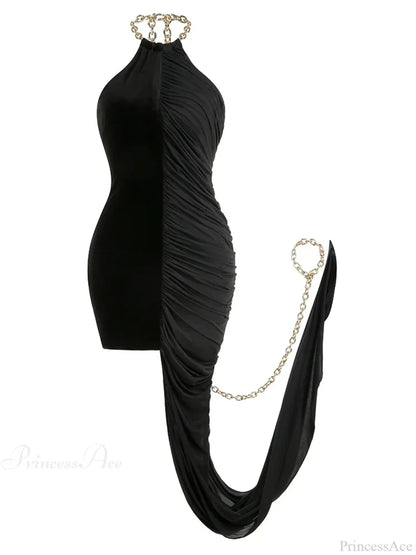 Sexy Chain Halter Neck Patchwork Flods Black Sleeveless Backless Evening Christmas Party Dress / Xs