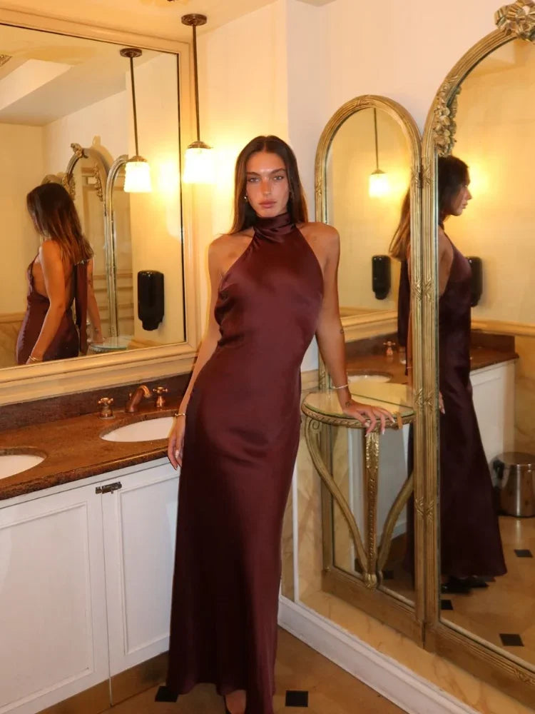 Women Sexy Chic Satin Backless Halter Lace Up Christmas Party Dress Dresses-L