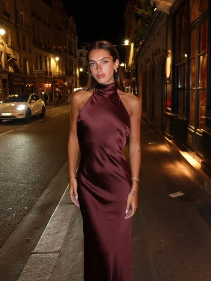 Women Sexy Chic Satin Backless Halter Lace Up Christmas Party Dress Dresses-L