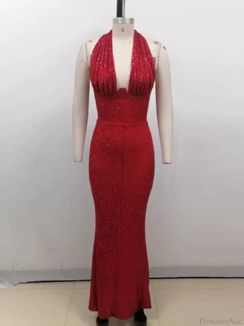 Sexy Halter Deep V Neck Sequins Green Sleeveless Backless Celebrity Christmas Party Dress Red / S