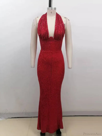 Sexy Halter Deep V Neck Sequins Green Sleeveless Backless Celebrity Christmas Party Dress Red / S