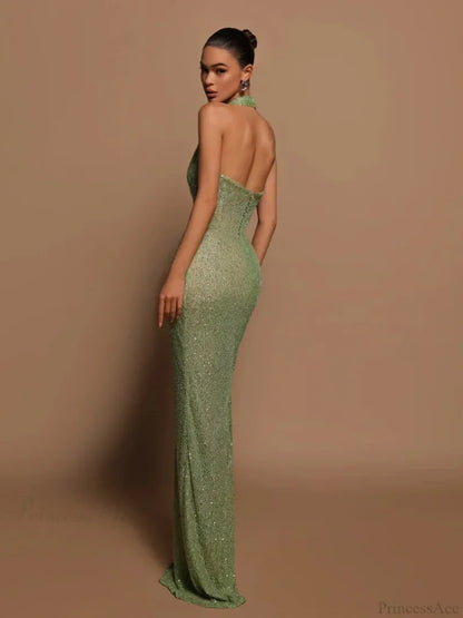 Sexy Halter Deep V Neck Sequins Green Sleeveless Backless Celebrity Christmas Party Dress Dresses-L