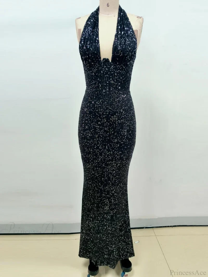 Sexy Halter Deep V Neck Sequins Green Sleeveless Backless Celebrity Christmas Party Dress Black / S