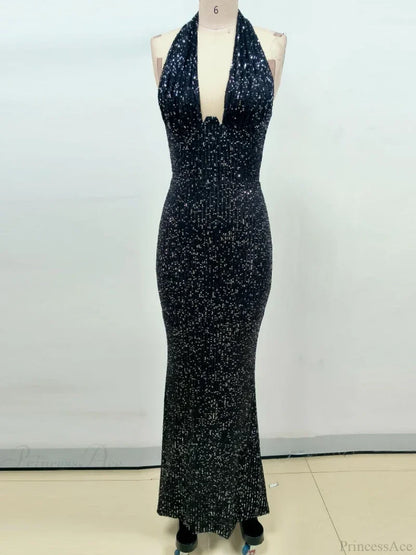 Sexy Halter Deep V Neck Sequins Green Sleeveless Backless Celebrity Christmas Party Dress Black / S