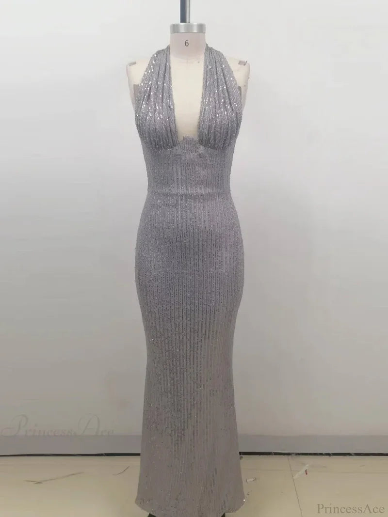 Sexy Halter Deep V Neck Sequins Green Sleeveless Backless Celebrity Christmas Party Dress Gray / S