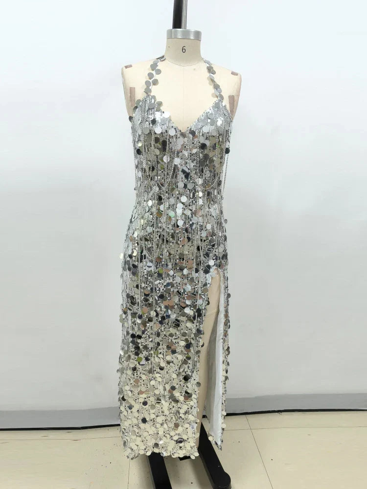 Sexy Halter Lace-Up V Neck Shiny Sequins Backless Silver Christmas Party Dress / Xs Dresses-L