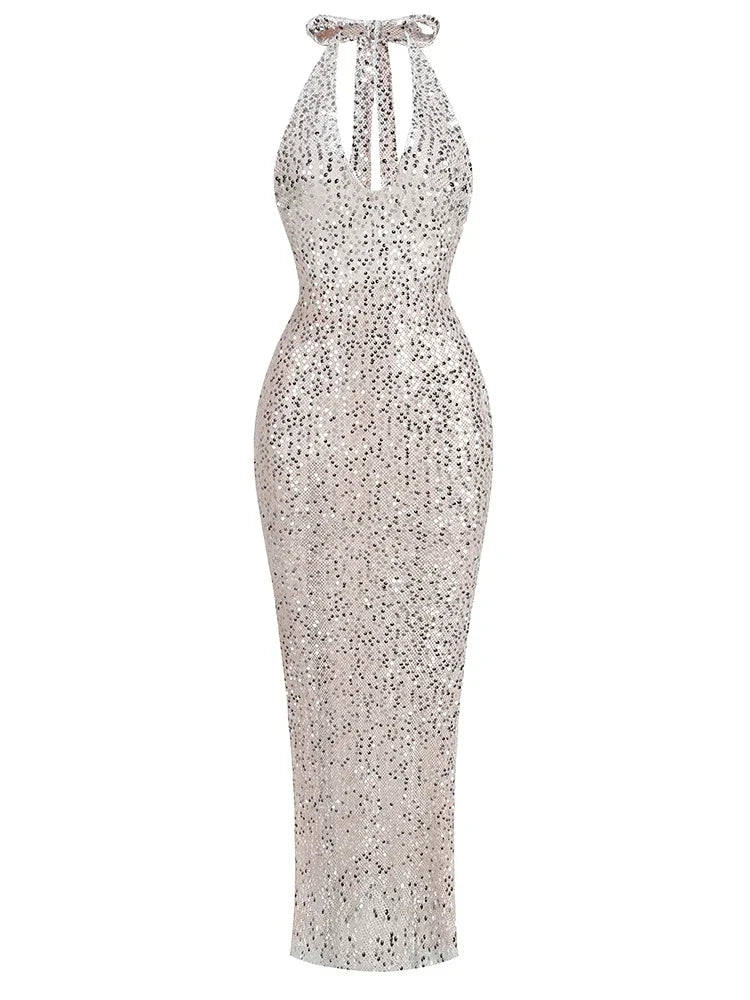 Sexy Halter Neck Lace-Up Sparkly Sequins Silver Black Backless Christmas Party Dress / Xs Dresses-L