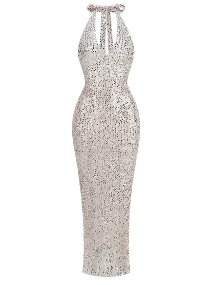 Sexy Halter Neck Lace-Up Sparkly Sequins Silver Black Backless Christmas Party Dress / Xs Dresses-L